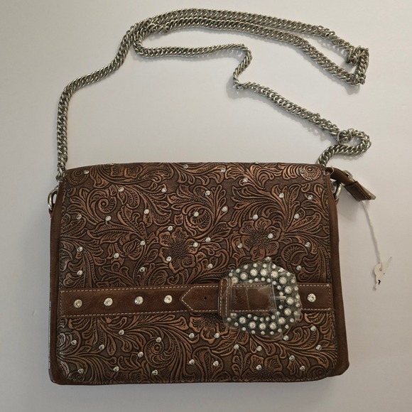 Unbranded Handbags - Western Embossed Buckle Crossbody Bag Bronze Brown Chain Strap w/ rhinestones